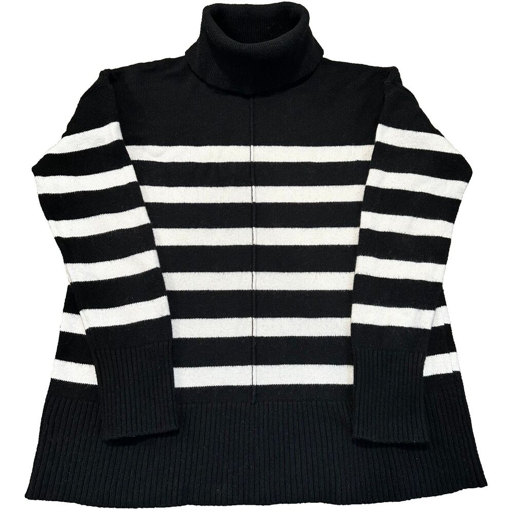 EUC Banana Republic Womens Med Black White Striped Wool Cotton Seamed Sweater